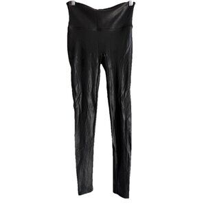 SPANX Faux Leather Moto Leggings Tummy Control Black Womens Size Medium Mid Rise